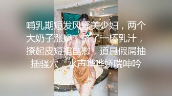 哺乳期短发风骚美少妇，两个大奶子涨奶，挤了一杯乳汁，撩起皮短裙自慰，道具假屌抽插骚穴，水声哗哗娇喘呻吟